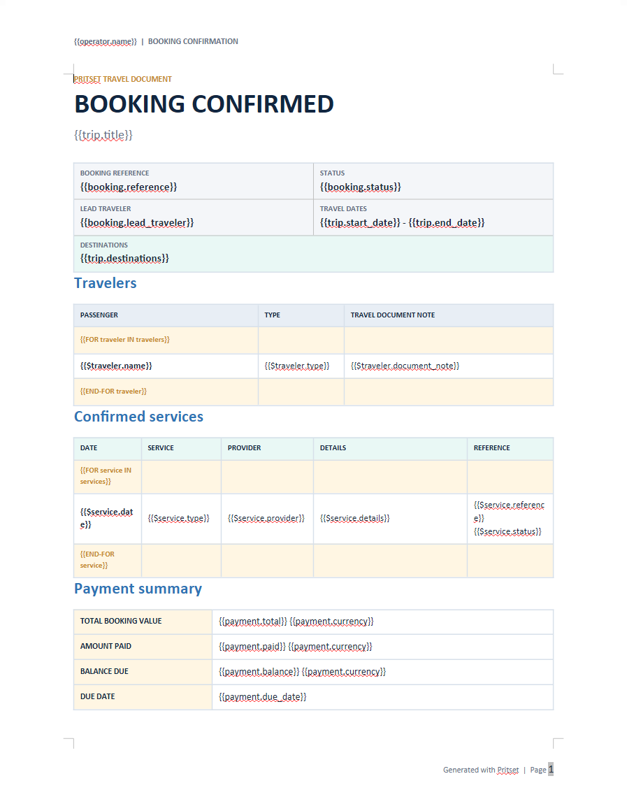 Booking confirmation template