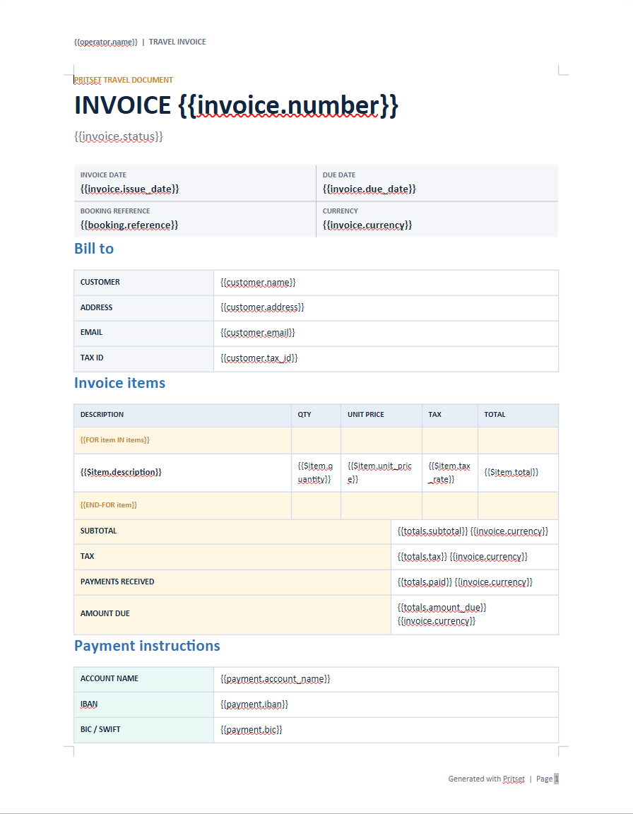 Travel invoice template