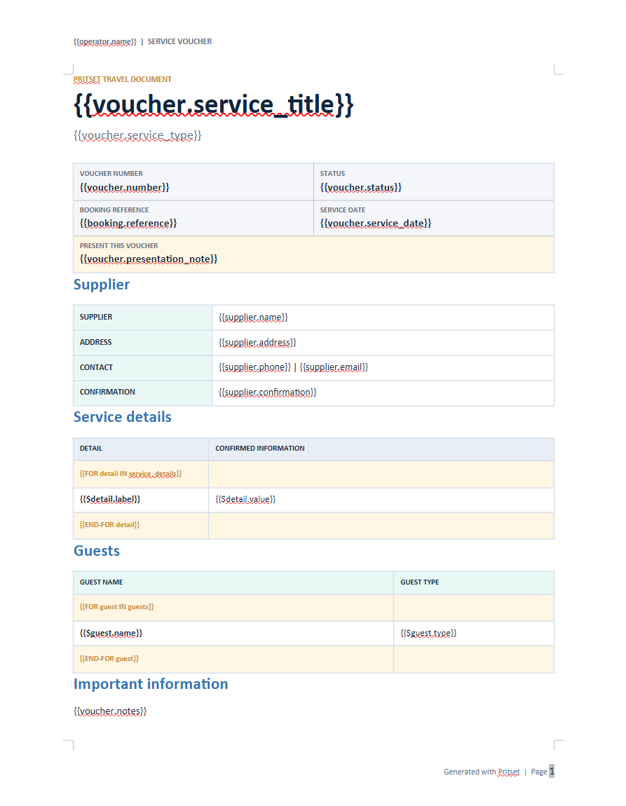 Universal service voucher template