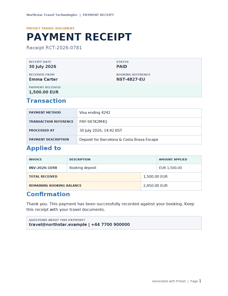 Generated travel payment receipt