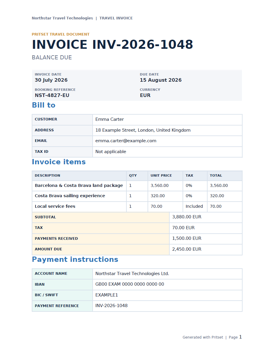 Generated travel invoice